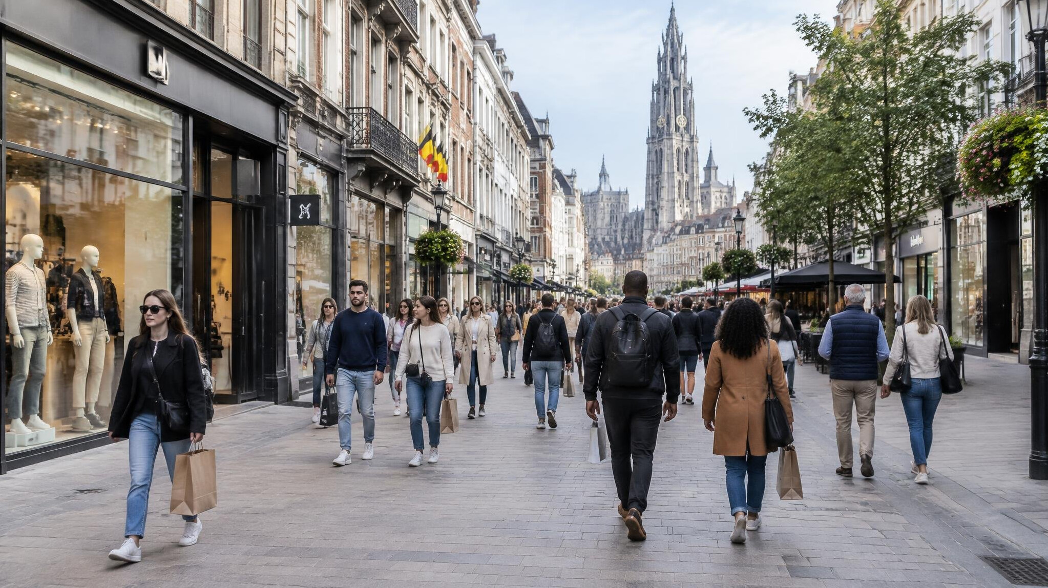 Busy pedestrian shopping street in a European city center