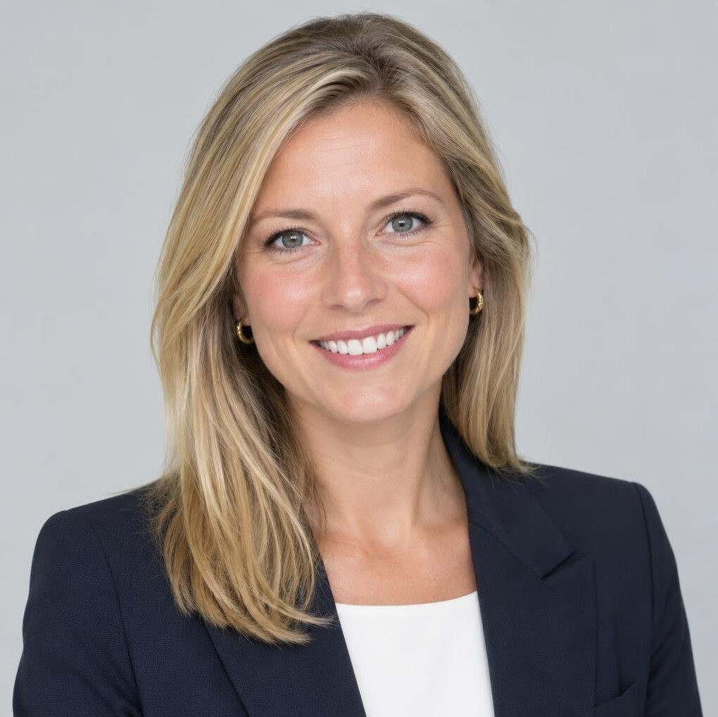 Studio portrait of a blonde Belgian woman consultant