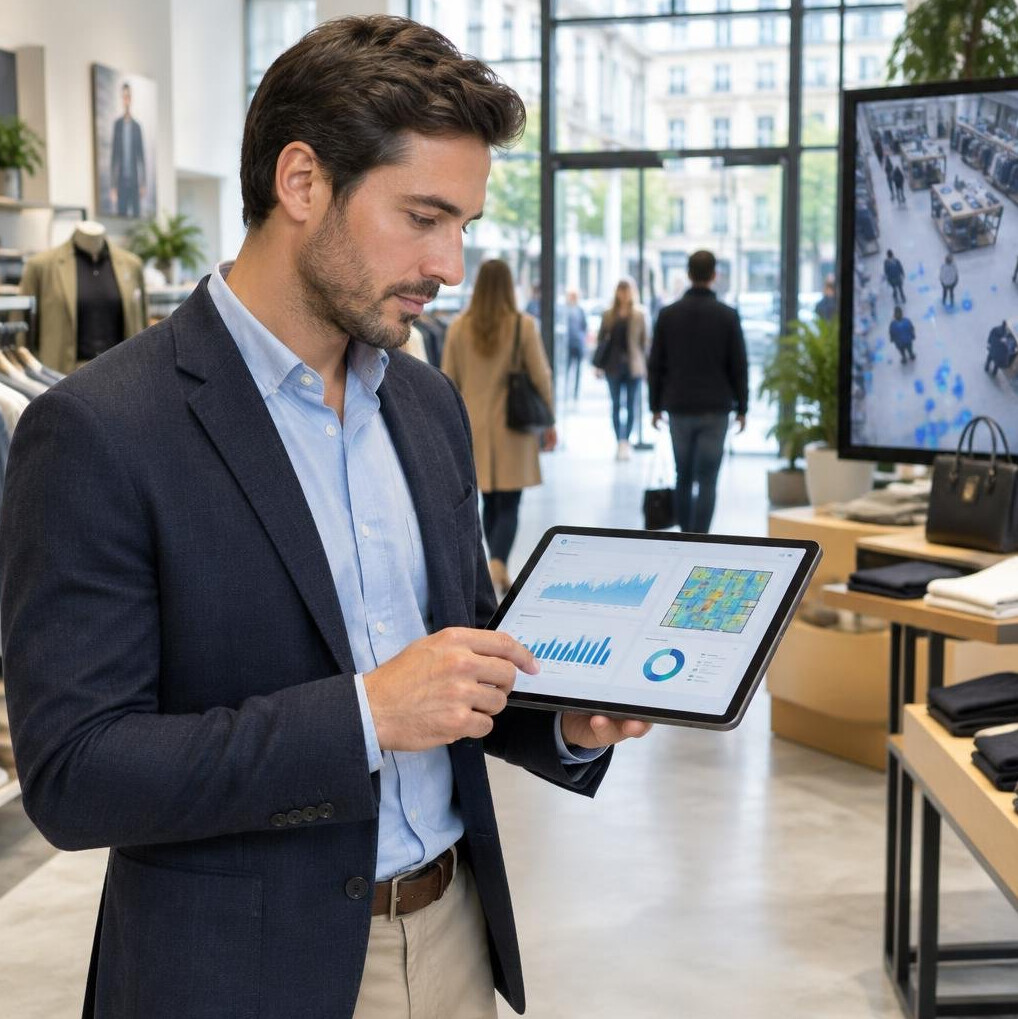 Consultant analyzing retail foot traffic data on a tablet inside a store